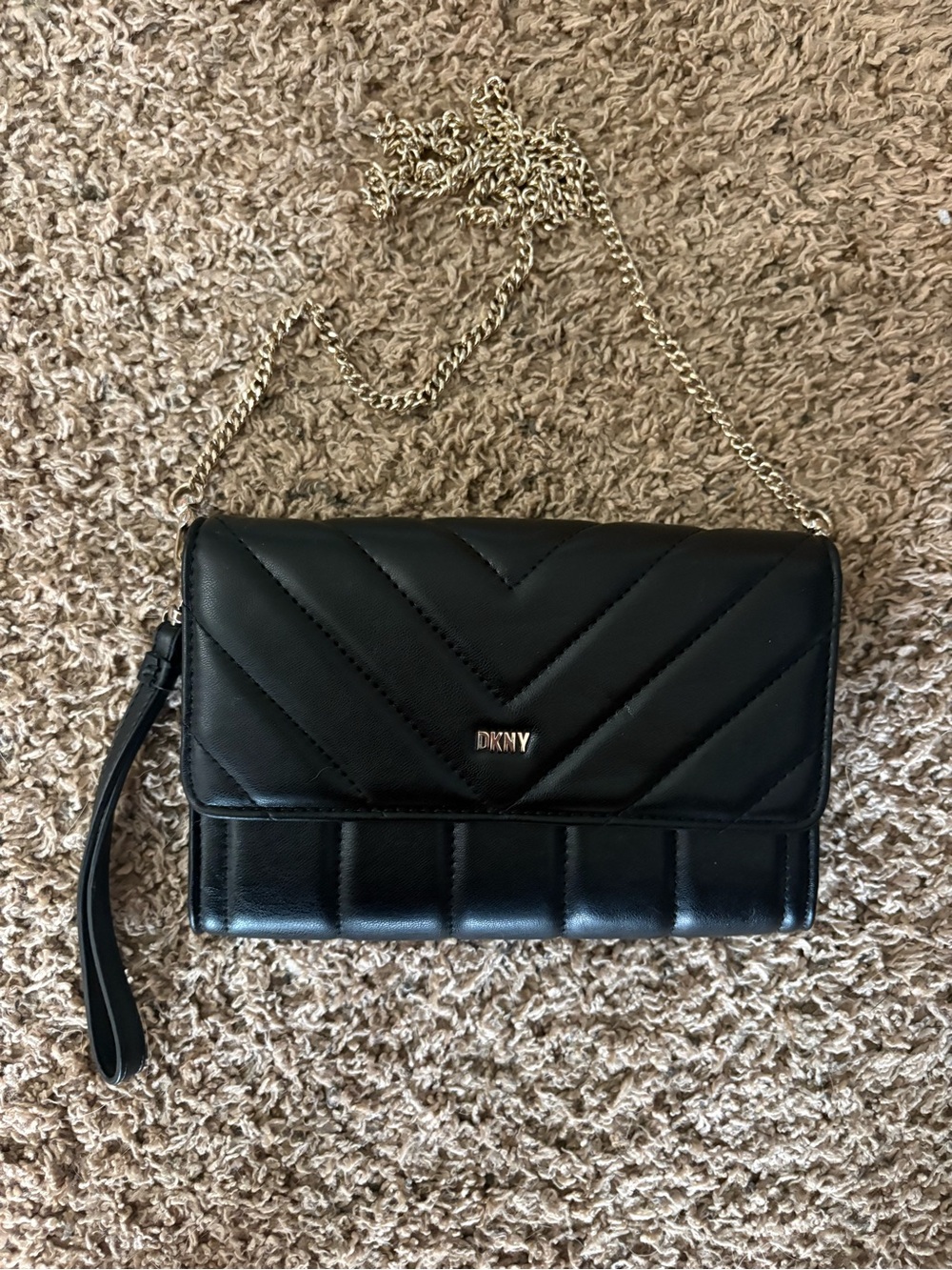 DKNY Black Quilted Leather Crossbody with Gold Chain
